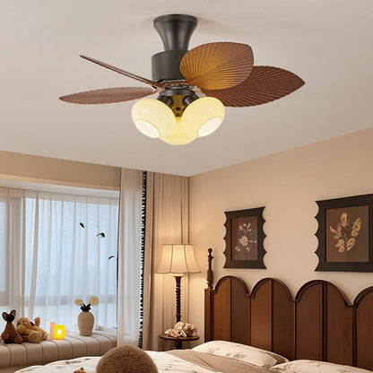Contemporary Retro Iron Glass ABS Round Leaf-shaped 3/5-Light Semi-Flush Mount Ceiling Fan Light For Living Room & Bedroom