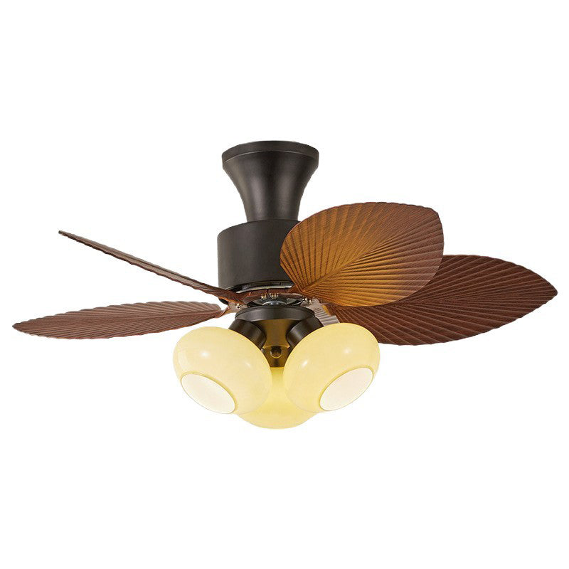 Contemporary Retro Iron Glass ABS Round Leaf-shaped 3/5-Light Semi-Flush Mount Ceiling Fan Light For Living Room & Bedroom