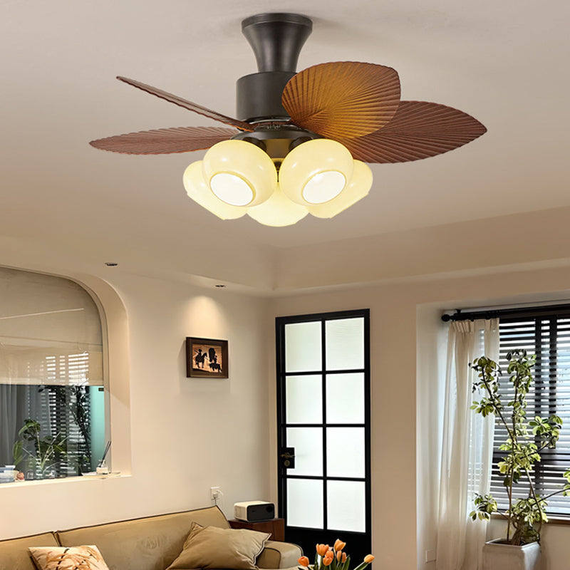 Contemporary Retro Iron Glass ABS Round Leaf-shaped 3/5-Light Semi-Flush Mount Ceiling Fan Light For Living Room & Bedroom
