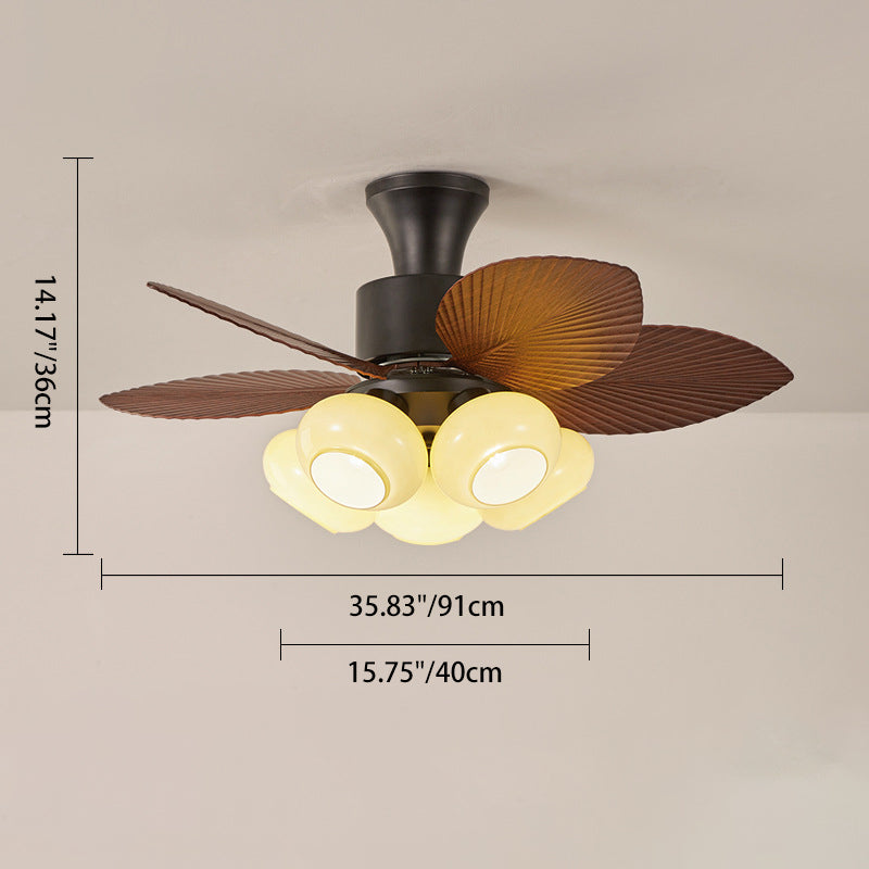 Contemporary Retro Iron Glass ABS Round Leaf-shaped 3/5-Light Semi-Flush Mount Ceiling Fan Light For Living Room & Bedroom