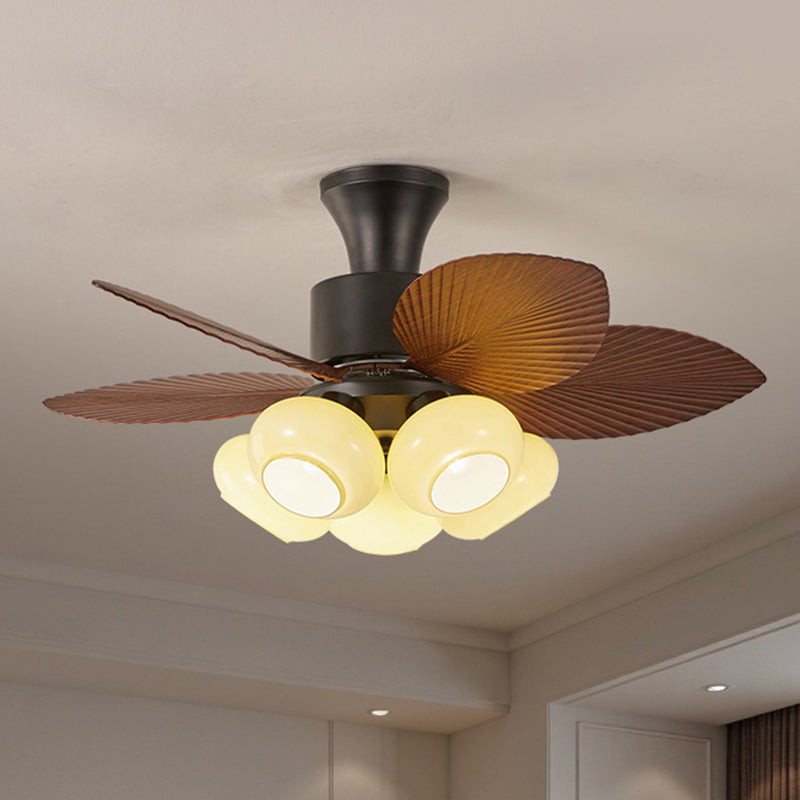 Contemporary Retro Iron Glass ABS Round Leaf-shaped 3/5-Light Semi-Flush Mount Ceiling Fan Light For Living Room & Bedroom