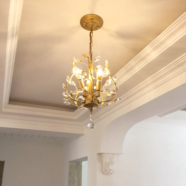 Traditional Rustic Decorative Flowers Blooming Branches Iron Fabric Crystal 3-Light Pendant Light For Living Room