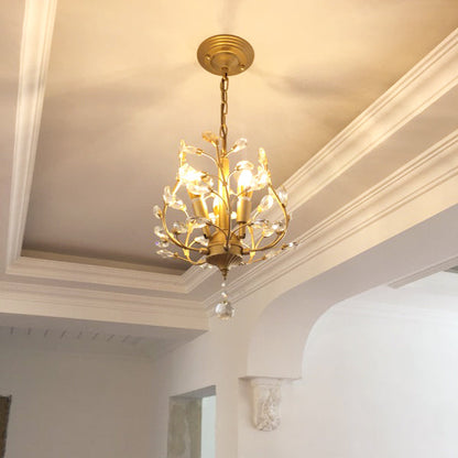 Traditional Rustic Decorative Flowers Blooming Branches Iron Fabric Crystal 3-Light Pendant Light For Living Room