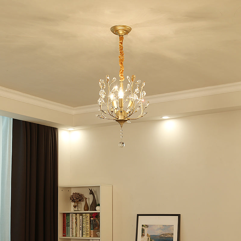 Traditional Rustic Decorative Flowers Blooming Branches Iron Fabric Crystal 3-Light Pendant Light For Living Room