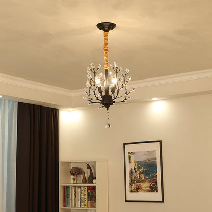 Traditional Rustic Decorative Flowers Blooming Branches Iron Fabric Crystal 3-Light Pendant Light For Living Room