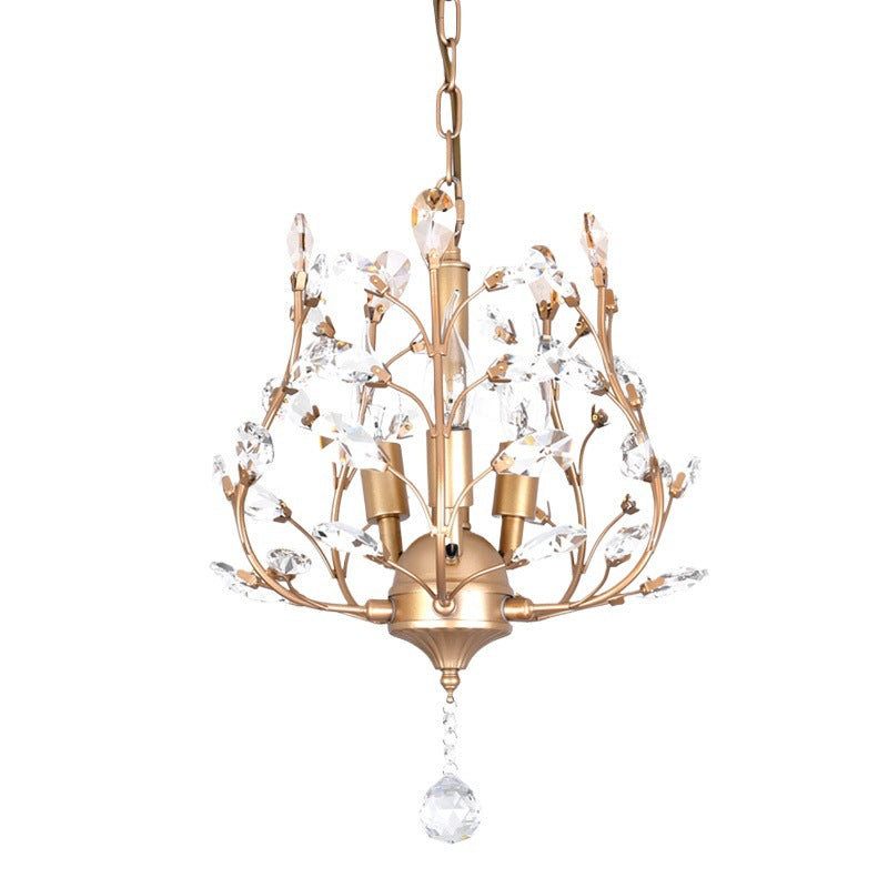 Traditional Rustic Decorative Flowers Blooming Branches Iron Fabric Crystal 3-Light Pendant Light For Living Room