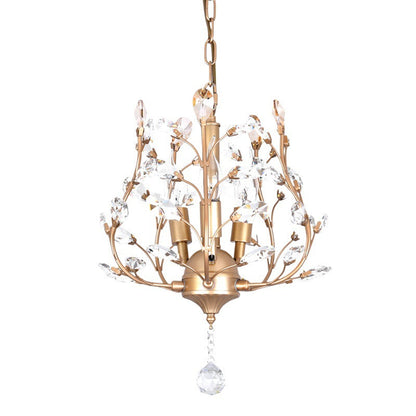 Traditional Rustic Decorative Flowers Blooming Branches Iron Fabric Crystal 3-Light Pendant Light For Living Room