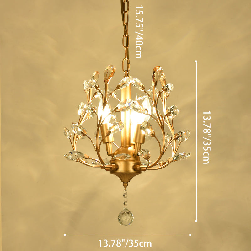 Traditional Rustic Decorative Flowers Blooming Branches Iron Fabric Crystal 3-Light Pendant Light For Living Room