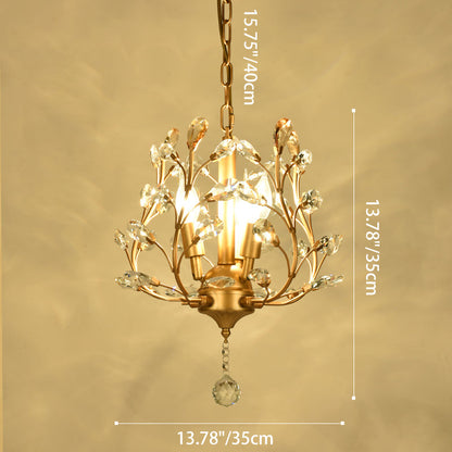 Traditional Rustic Decorative Flowers Blooming Branches Iron Fabric Crystal 3-Light Pendant Light For Living Room