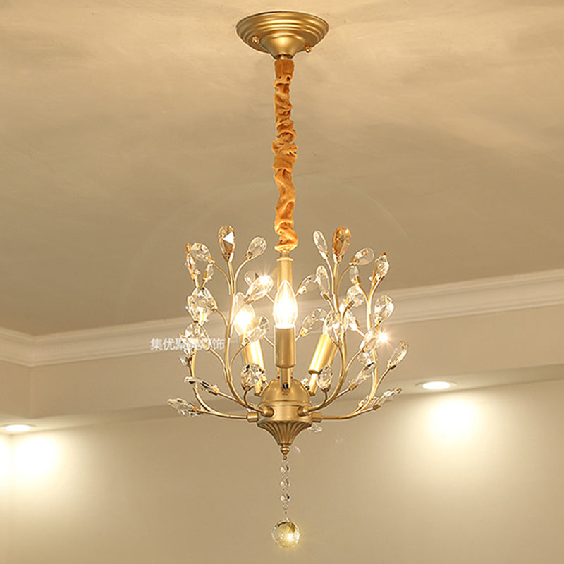 Traditional Rustic Decorative Flowers Blooming Branches Iron Fabric Crystal 3-Light Pendant Light For Living Room
