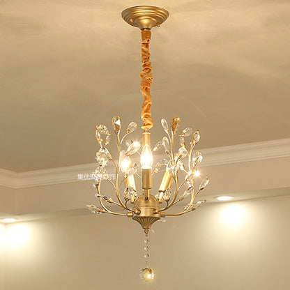 Traditional Rustic Decorative Flowers Blooming Branches Iron Fabric Crystal 3-Light Pendant Light For Living Room