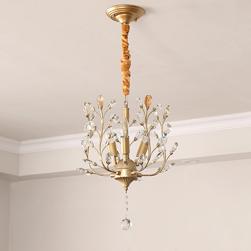 Traditional Rustic Decorative Flowers Blooming Branches Iron Fabric Crystal 3-Light Pendant Light For Living Room