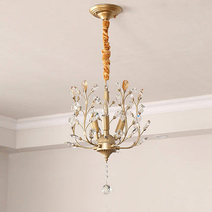 Traditional Rustic Decorative Flowers Blooming Branches Iron Fabric Crystal 3-Light Pendant Light For Living Room