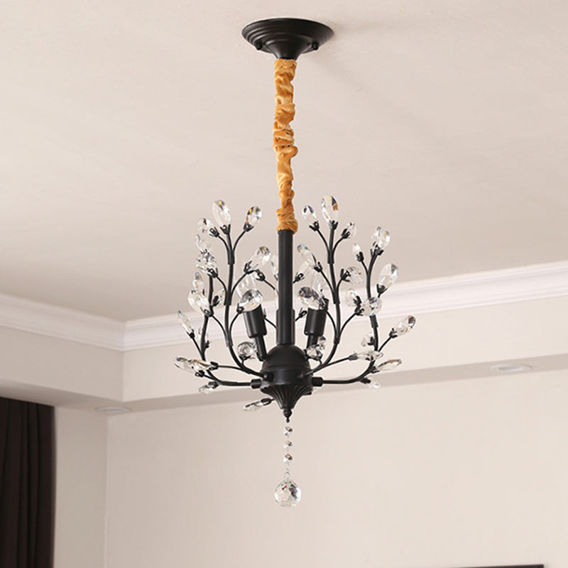 Traditional Rustic Decorative Flowers Blooming Branches Iron Fabric Crystal 3-Light Pendant Light For Living Room