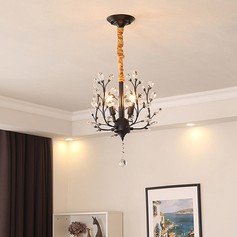 Traditional Rustic Decorative Flowers Blooming Branches Iron Fabric Crystal 3-Light Pendant Light For Living Room