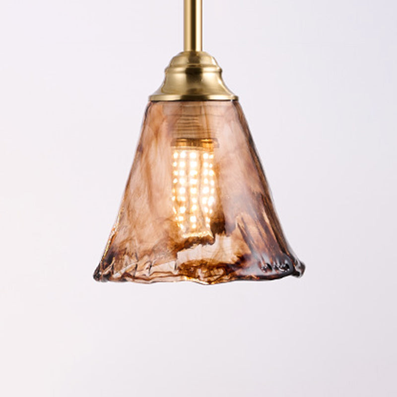 Traditional French Trapezoid Stone Flower Iron Solid Wood Glass 3/4-Light Chandelier For Living Room