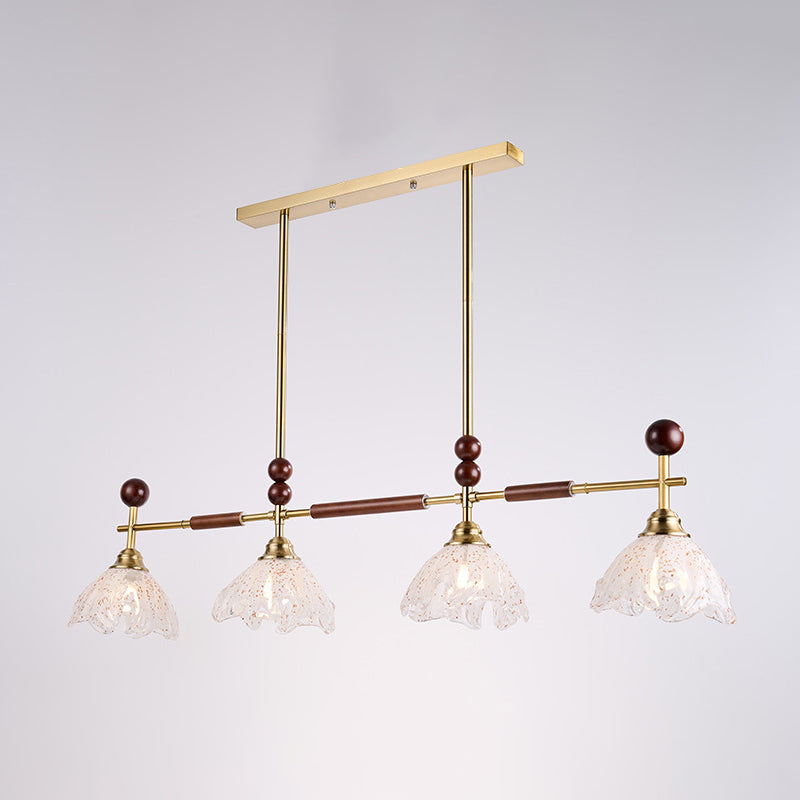Traditional French Trapezoid Stone Flower Iron Solid Wood Glass 3/4-Light Chandelier For Living Room