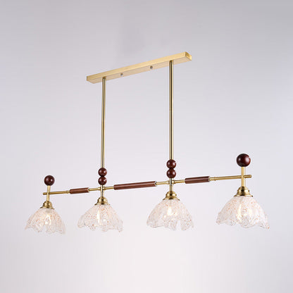 Traditional French Trapezoid Stone Flower Iron Solid Wood Glass 3/4-Light Chandelier For Living Room