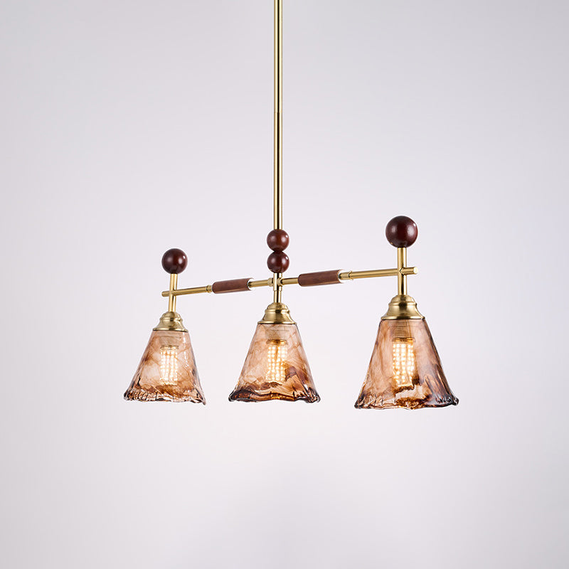 Traditional French Trapezoid Stone Flower Iron Solid Wood Glass 3/4-Light Chandelier For Living Room
