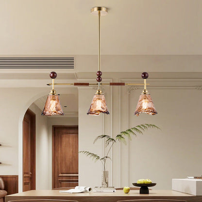 Traditional French Trapezoid Stone Flower Iron Solid Wood Glass 3/4-Light Chandelier For Living Room