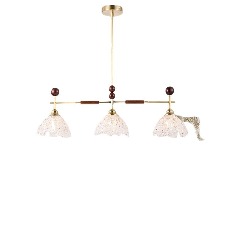 Traditional French Trapezoid Stone Flower Iron Solid Wood Glass 3/4-Light Chandelier For Living Room
