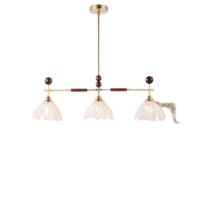 Traditional French Trapezoid Stone Flower Iron Solid Wood Glass 3/4-Light Chandelier For Living Room