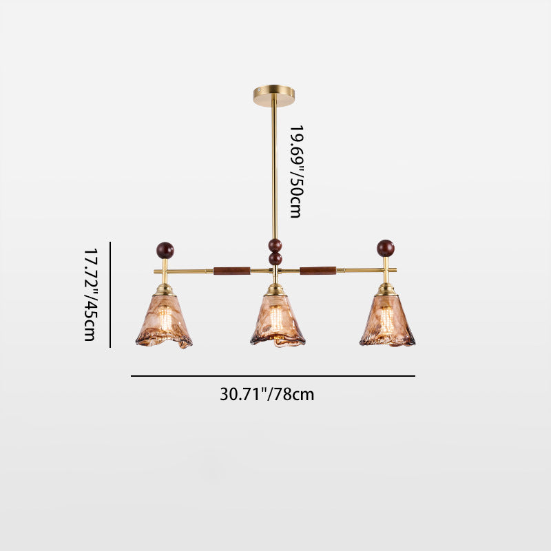 Traditional French Trapezoid Stone Flower Iron Solid Wood Glass 3/4-Light Chandelier For Living Room