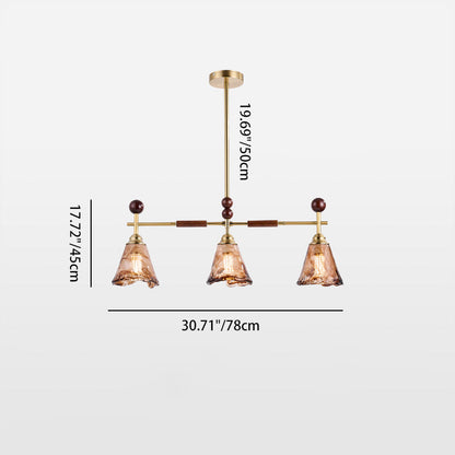 Traditional French Trapezoid Stone Flower Iron Solid Wood Glass 3/4-Light Chandelier For Living Room