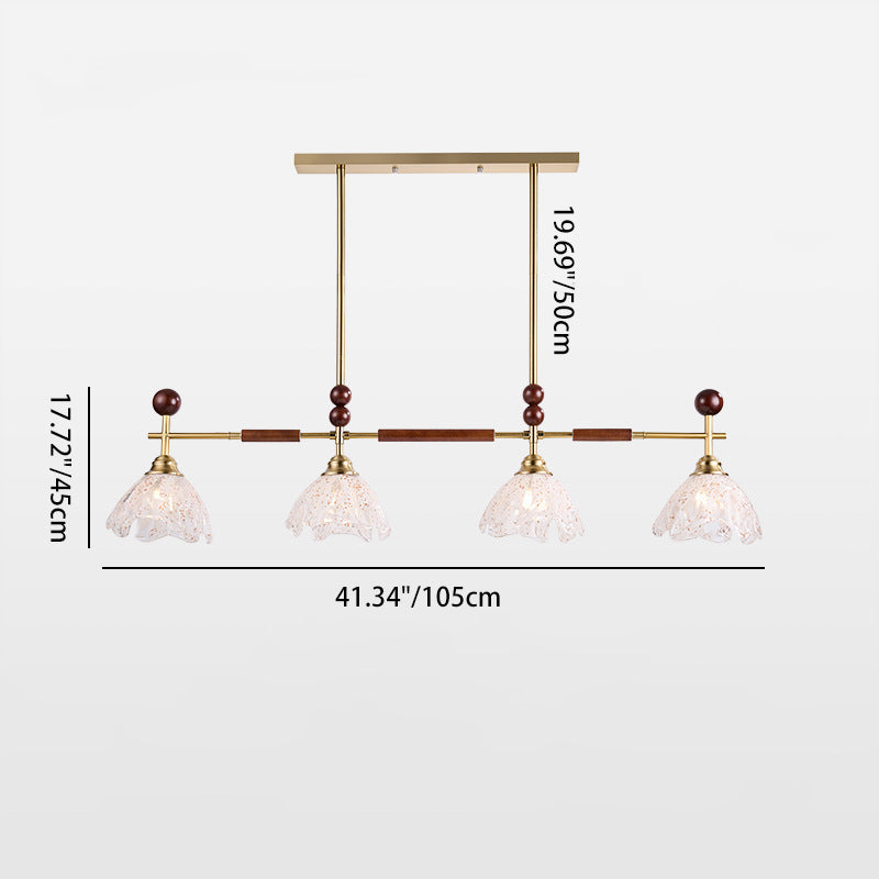 Traditional French Trapezoid Stone Flower Iron Solid Wood Glass 3/4-Light Chandelier For Living Room