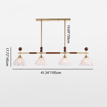 Traditional French Trapezoid Stone Flower Iron Solid Wood Glass 3/4-Light Chandelier For Living Room