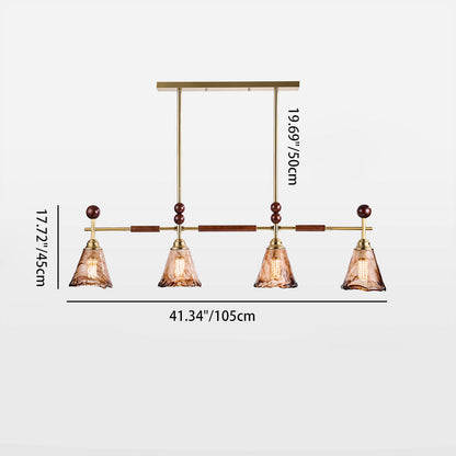 Traditional French Trapezoid Stone Flower Iron Solid Wood Glass 3/4-Light Chandelier For Living Room