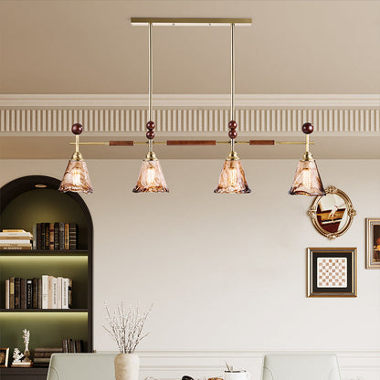 Traditional French Trapezoid Stone Flower Iron Solid Wood Glass 3/4-Light Chandelier For Living Room