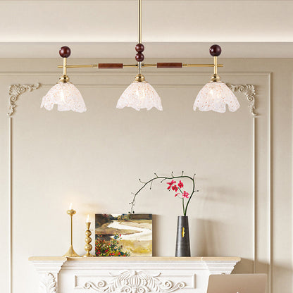 Traditional French Trapezoid Stone Flower Iron Solid Wood Glass 3/4-Light Chandelier For Living Room