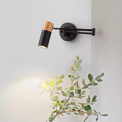 Modern Minimalist Extendable Cylindrical Iron Solid Wood Rotatable 1-Light Wall Sconce Lamp For Bedroom