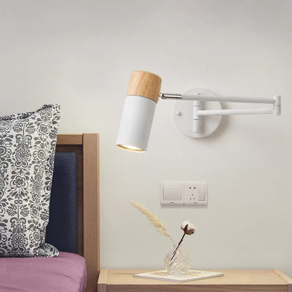 Modern Minimalist Extendable Cylindrical Iron Solid Wood Rotatable 1-Light Wall Sconce Lamp For Bedroom