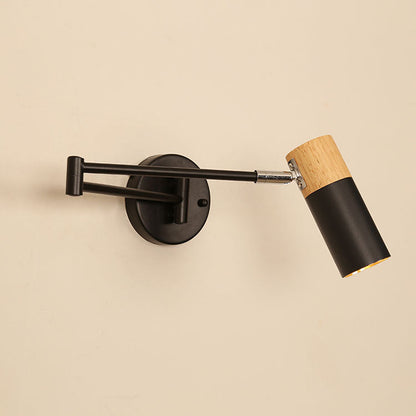 Modern Minimalist Extendable Cylindrical Iron Solid Wood Rotatable 1-Light Wall Sconce Lamp For Bedroom
