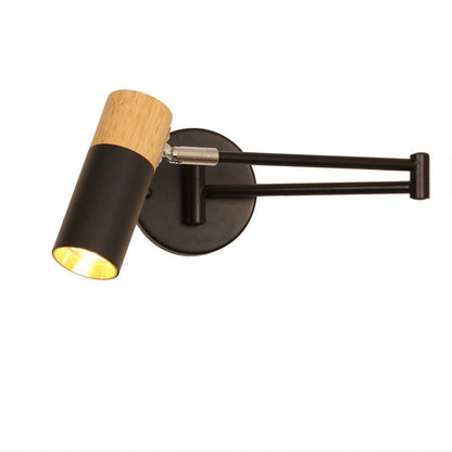 Modern Minimalist Extendable Cylindrical Iron Solid Wood Rotatable 1-Light Wall Sconce Lamp For Bedroom