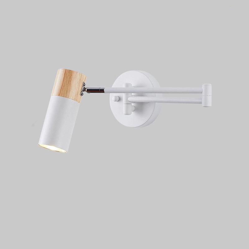 Modern Minimalist Extendable Cylindrical Iron Solid Wood Rotatable 1-Light Wall Sconce Lamp For Bedroom
