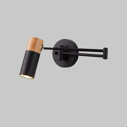 Modern Minimalist Extendable Cylindrical Iron Solid Wood Rotatable 1-Light Wall Sconce Lamp For Bedroom