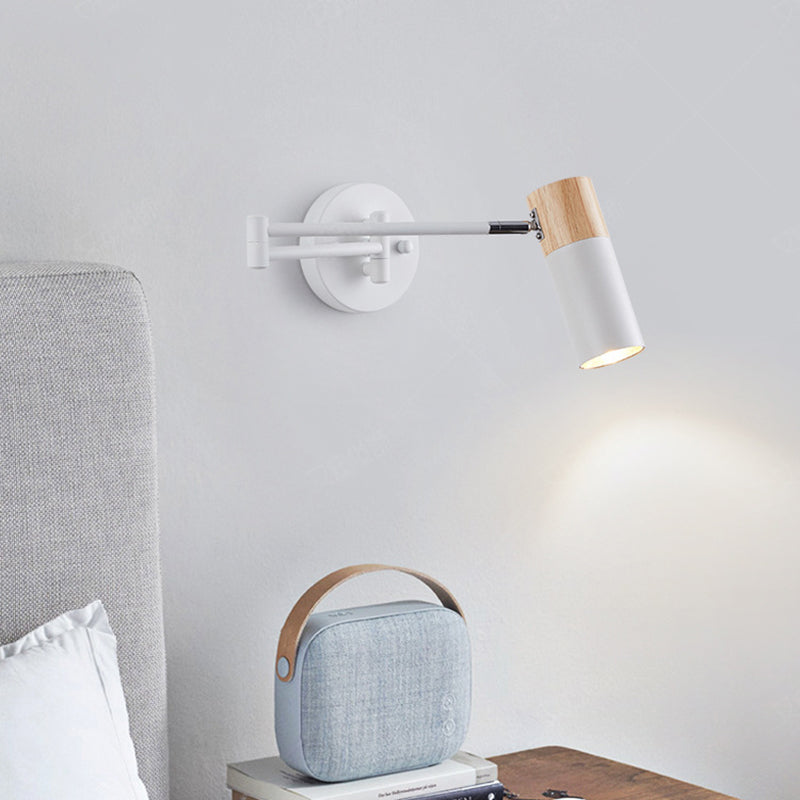 Modern Minimalist Extendable Cylindrical Iron Solid Wood Rotatable 1-Light Wall Sconce Lamp For Bedroom