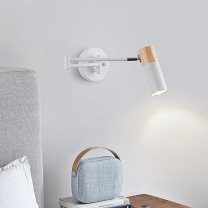 Modern Minimalist Extendable Cylindrical Iron Solid Wood Rotatable 1-Light Wall Sconce Lamp For Bedroom