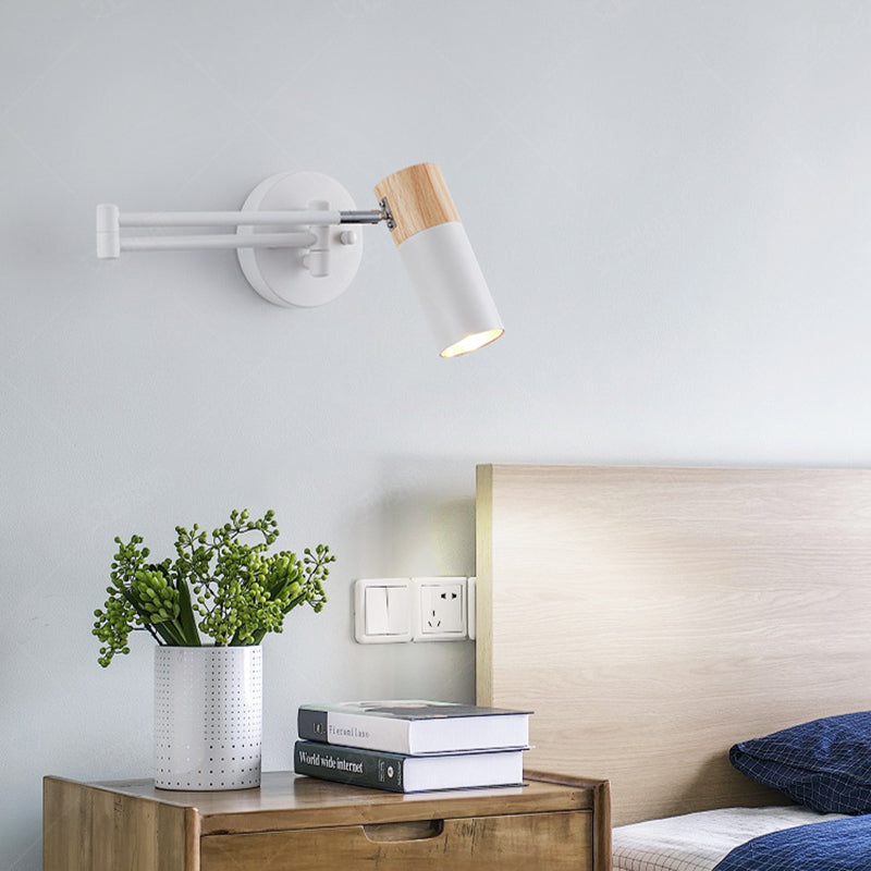 Modern Minimalist Extendable Cylindrical Iron Solid Wood Rotatable 1-Light Wall Sconce Lamp For Bedroom