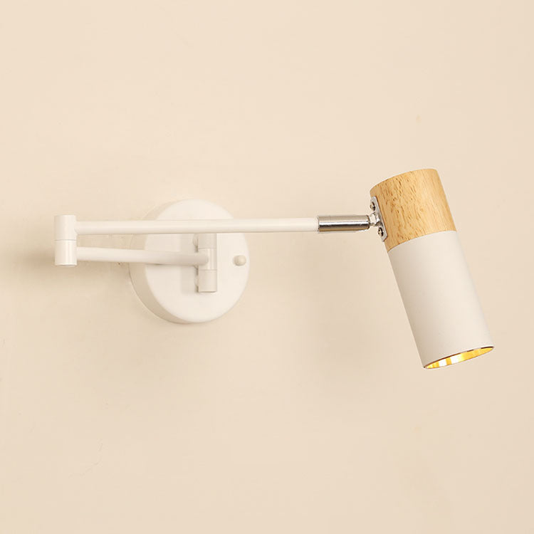Modern Minimalist Extendable Cylindrical Iron Solid Wood Rotatable 1-Light Wall Sconce Lamp For Bedroom