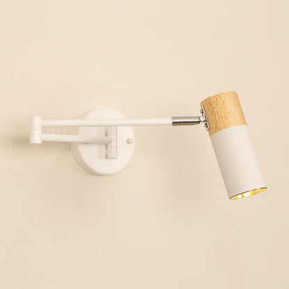 Modern Minimalist Extendable Cylindrical Iron Solid Wood Rotatable 1-Light Wall Sconce Lamp For Bedroom