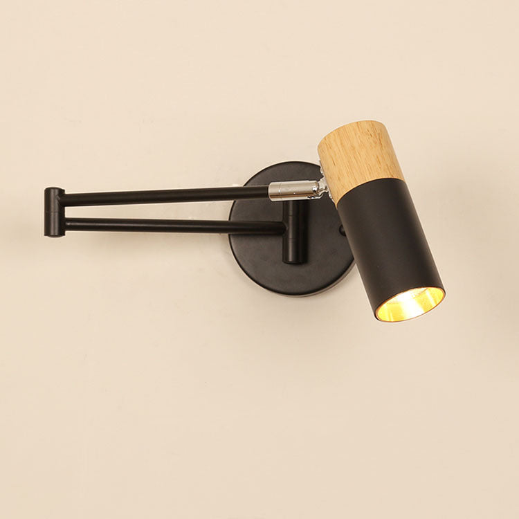 Modern Minimalist Extendable Cylindrical Iron Solid Wood Rotatable 1-Light Wall Sconce Lamp For Bedroom