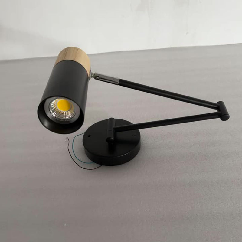 Modern Minimalist Extendable Cylindrical Iron Solid Wood Rotatable 1-Light Wall Sconce Lamp For Bedroom