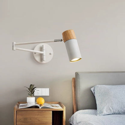 Modern Minimalist Extendable Cylindrical Iron Solid Wood Rotatable 1-Light Wall Sconce Lamp For Bedroom