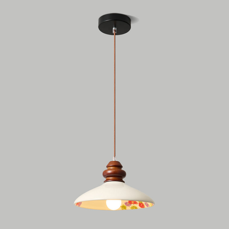 Traditional French Fan-shaped Flower Pattern Rubberwood Ceramic 1-Light Pendant Light For Living Room