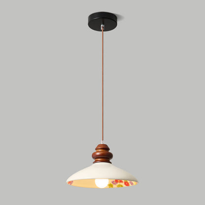 Traditional French Fan-shaped Flower Pattern Rubberwood Ceramic 1-Light Pendant Light For Living Room