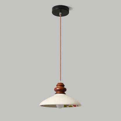 Traditional French Fan-shaped Flower Pattern Rubberwood Ceramic 1-Light Pendant Light For Living Room